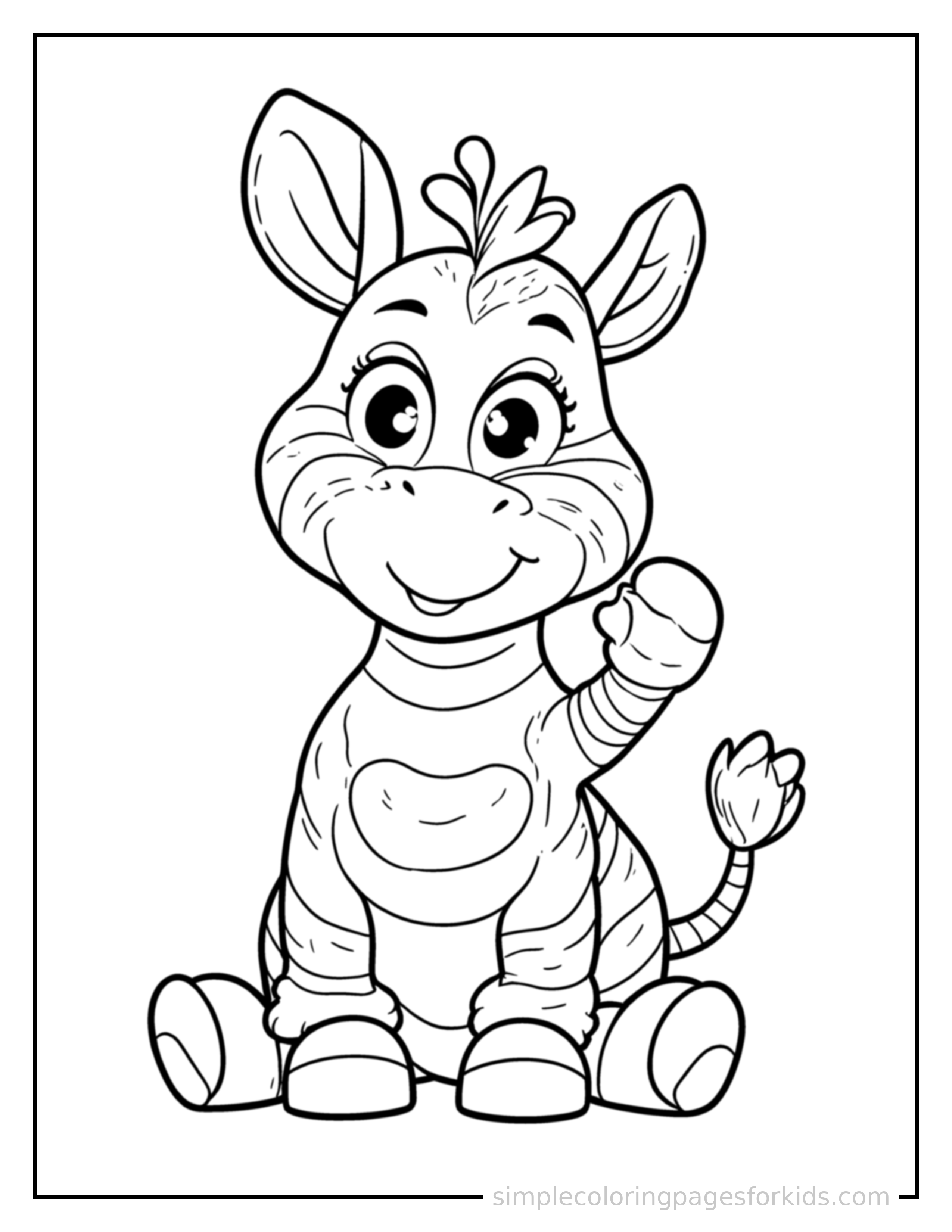 Free printable zebra coloring page featuring a cute zebra sitting up tall with a big cheerful grin, head tilted slightly, one paw raised in a wave.