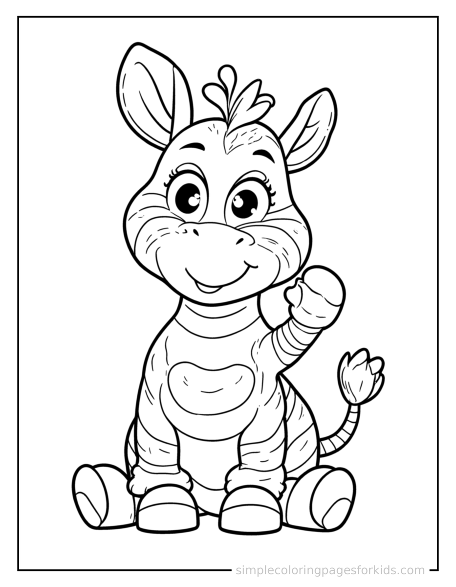 Free printable zebra coloring page featuring a cute zebra sitting up tall with a big cheerful grin, head tilted slightly, one paw raised in a wave.