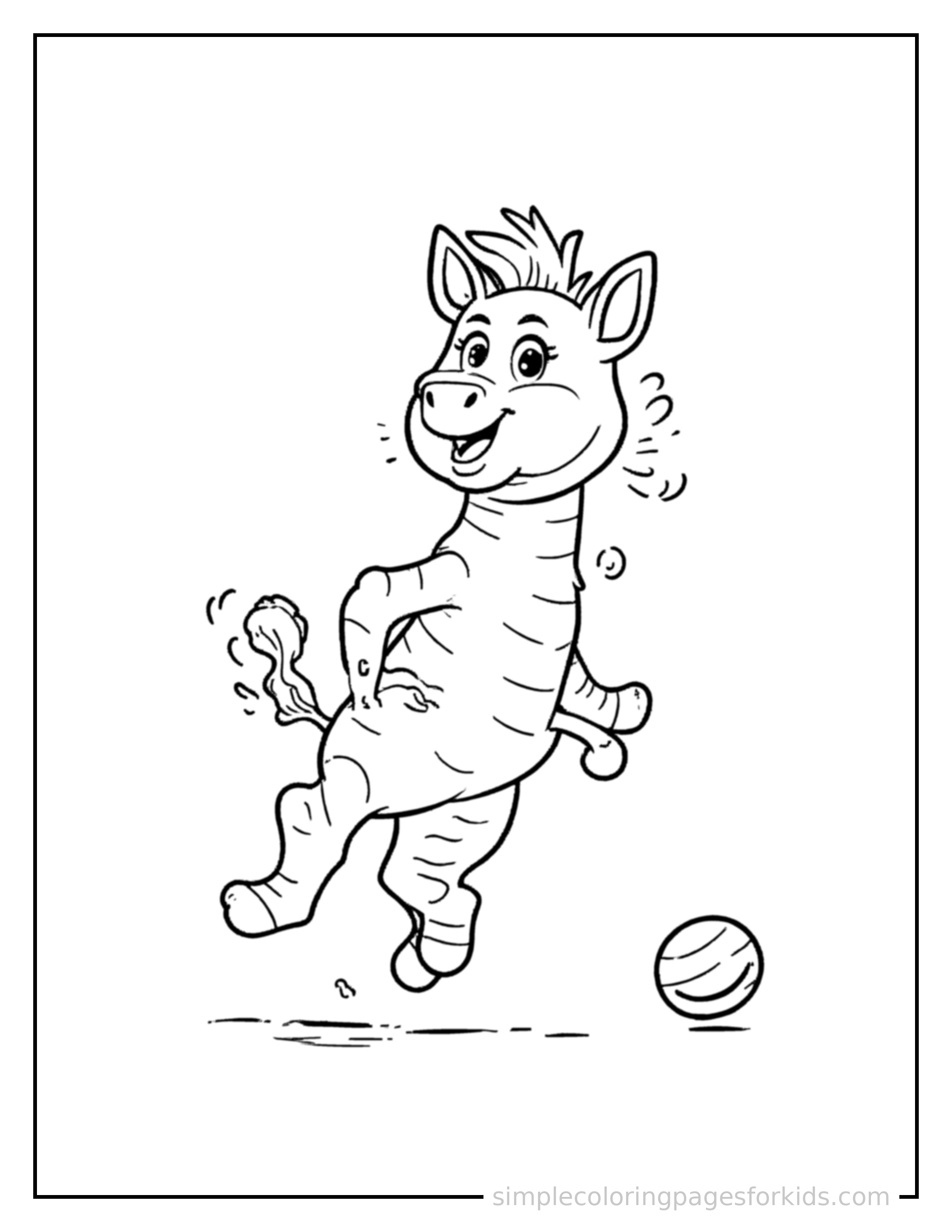 Free printable zebra coloring page featuring a cute zebra mid-bounce chasing a round ball, front paws stretched forward, mouth open with excitement, ears flopping.
