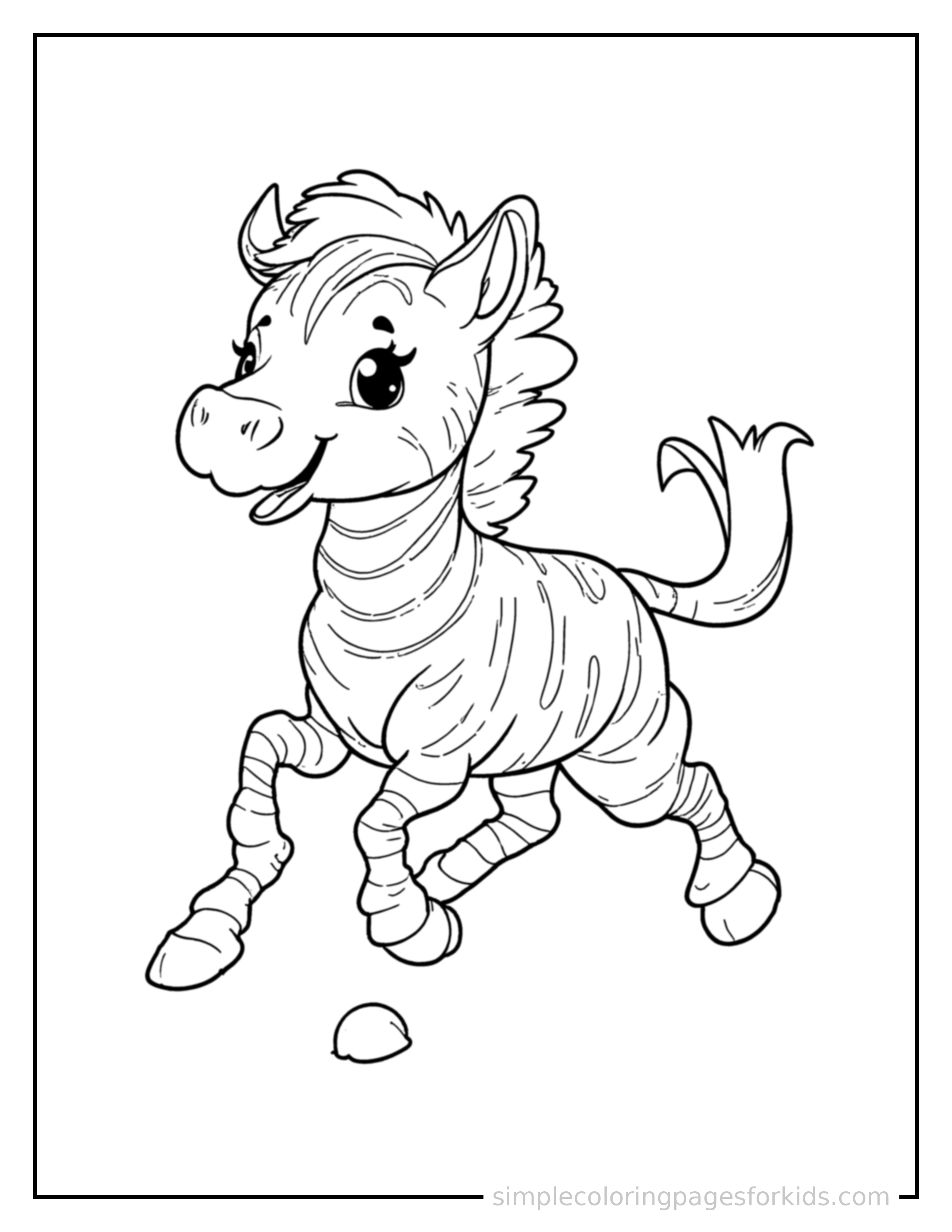Free printable zebra coloring page featuring a cute zebra galloping forward at full speed, tongue out, ears flying back, big happy grin.